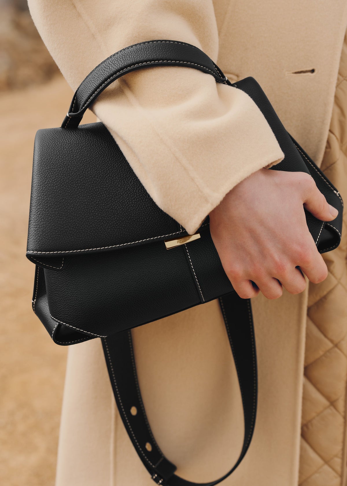 Mokki - Textured Black with Ecru Stitching